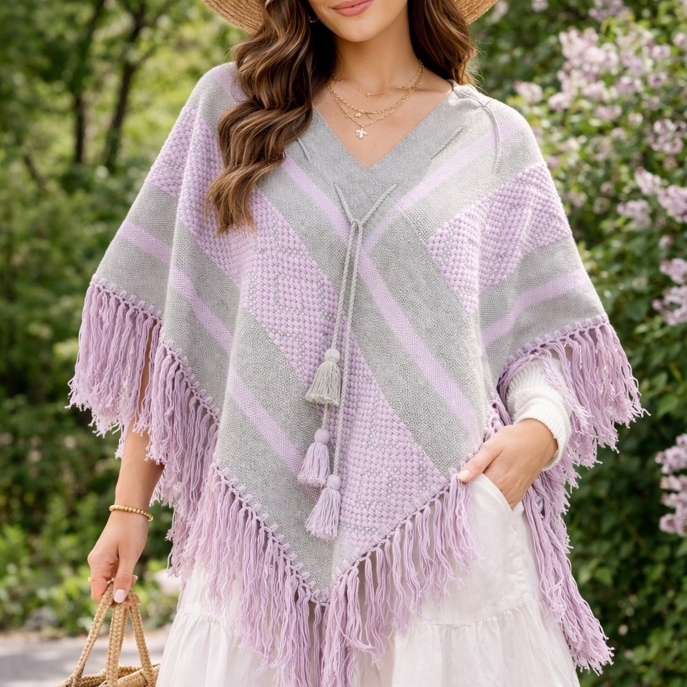 Poncho Boho chic Gray & Lavender Fringe Knit Tassel Sweater soft girl aesthetic